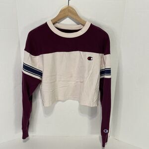 Champion Long Sleeve Crop Top Shirt, Womens Small, Maroon/White, Logo